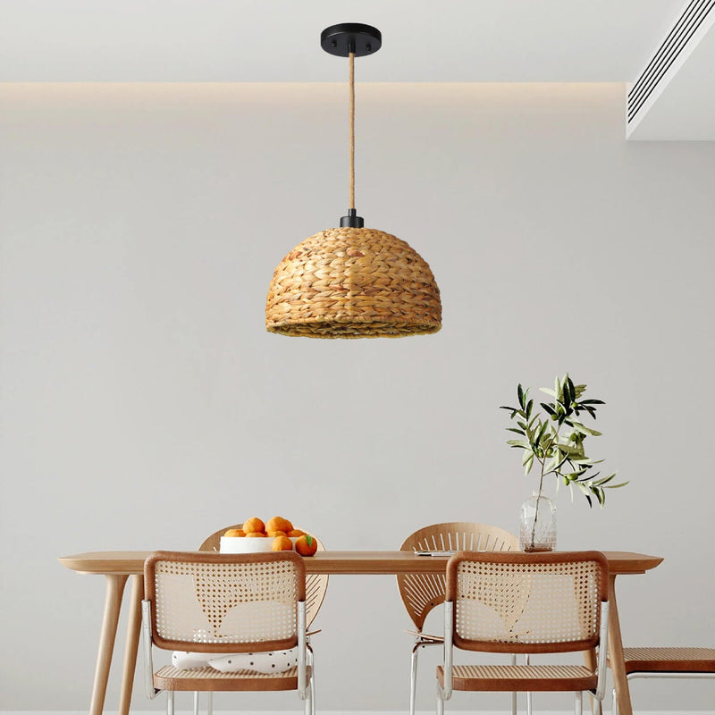 Traditional Japanese Half Round Rattan 1-Light Pendant Light For Living Room