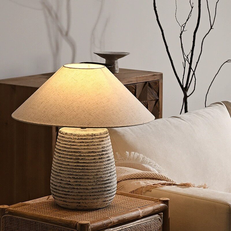 Minimalist Wabi-Sabi Cone Fabric Ceramic Column Jar 1-Light Table Lamp