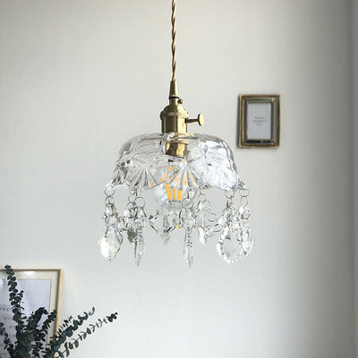 Contemporary Vintage Round Floral Brass Glass 1-Light Pendant Light For Bedroom