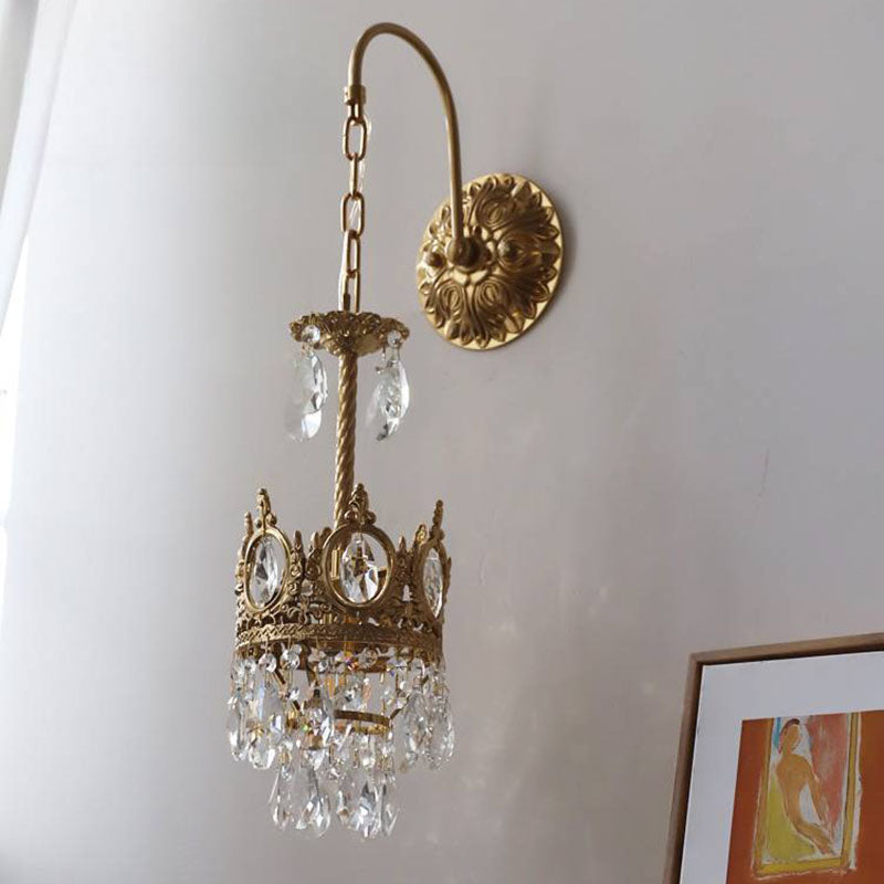 Traditional French Bent Crown Copper Crystal 1-Light Wall Sconce Lamp For Bedroom