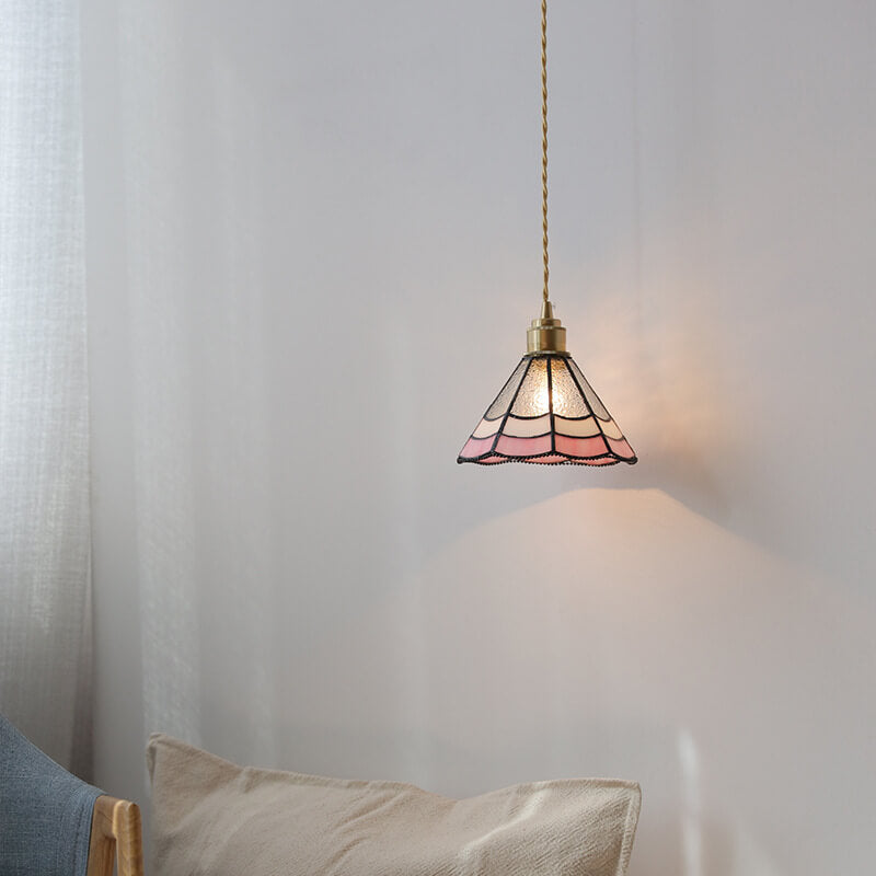 Japanese Vintage Pink Striped Cone Glass 1-Light Pendant Light