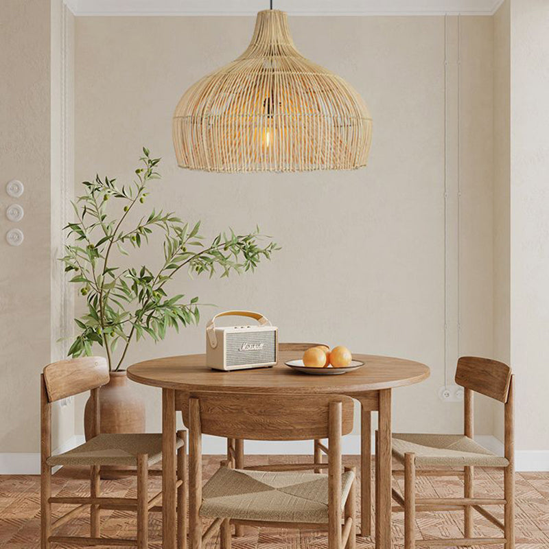 Lámpara colgante de 1 luz con tejido de ratán boho contemporáneo para comedor 