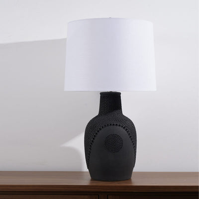 Modern Minimalist Black White Ceramic Jar Drum Fabric 1-Light Table Lamp