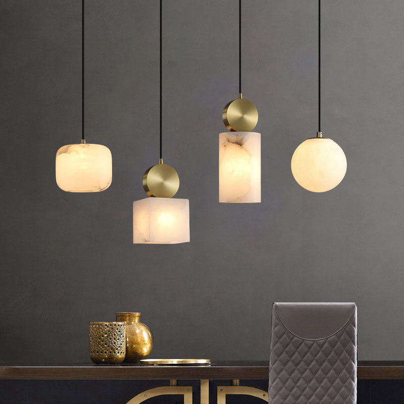 Modern Luxury Geometric Cube Marble Shade Brass 1-Light Pendant Light For Living Room