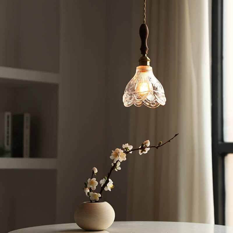 Japanese Patterned Glass Walnut 1-Light Pendant Light