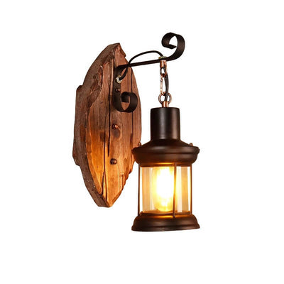 Glas-Eisen-Lampenschirm-Holzsockel 1-Licht-Zylinder-Wandleuchte 