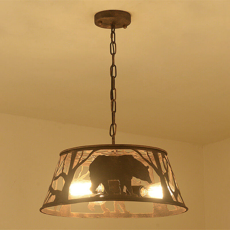 Traditional Vintage Round Trapezoidal Animal Iron 1-Light Pendant Light For Living Room