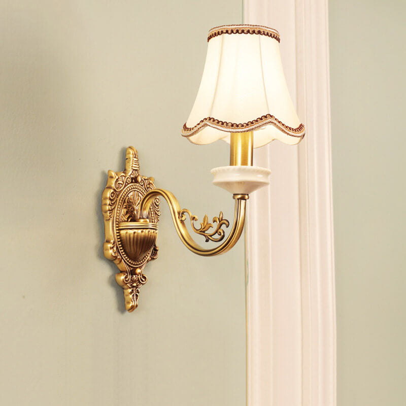 European Luxury Fabric Brass Carved 1/2 Light Wall Sconce Lamp