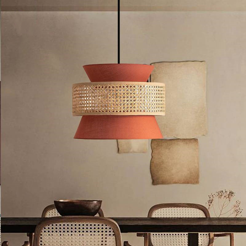 Traditional Japanese Round Rattan Fabric 1-Light Pendant Light For Living Room