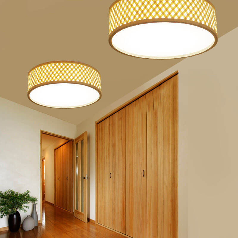 Modern Simple Round Bamboo Weaving 3-Light Flush Mount Ceiling Light