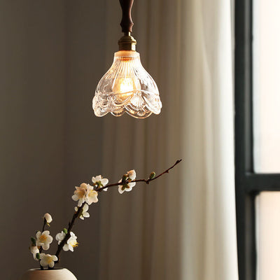 Japanese Patterned Glass Walnut 1-Light Pendant Light