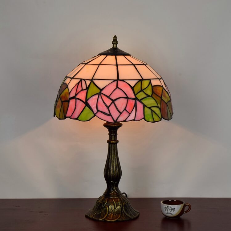 European Rose Tiffany Art Glass 1-Light Table Lamp