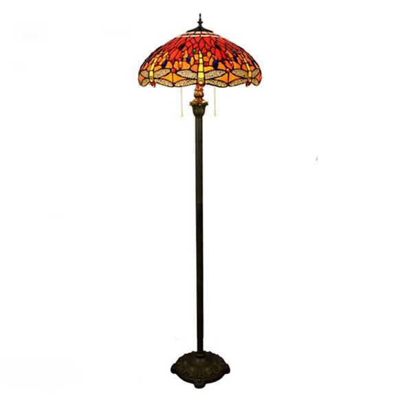 Vintage Tiffany Stained Glass Red Dragonfly 2-Light Standing Floor Lamp