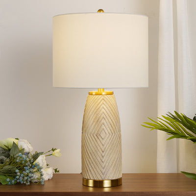 Lampe de table moderne à 1 lumière en forme de tambour en tissu de luxe et en résine 