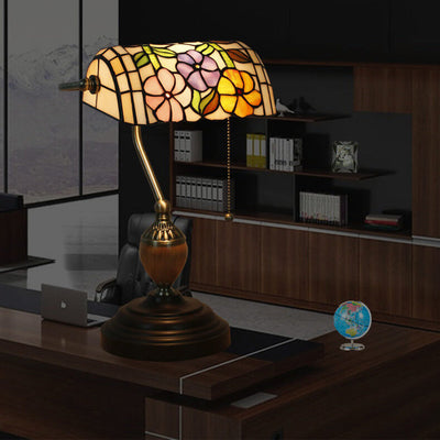 European Tiffany Flower Glass 1-Light Banker Table Lamp