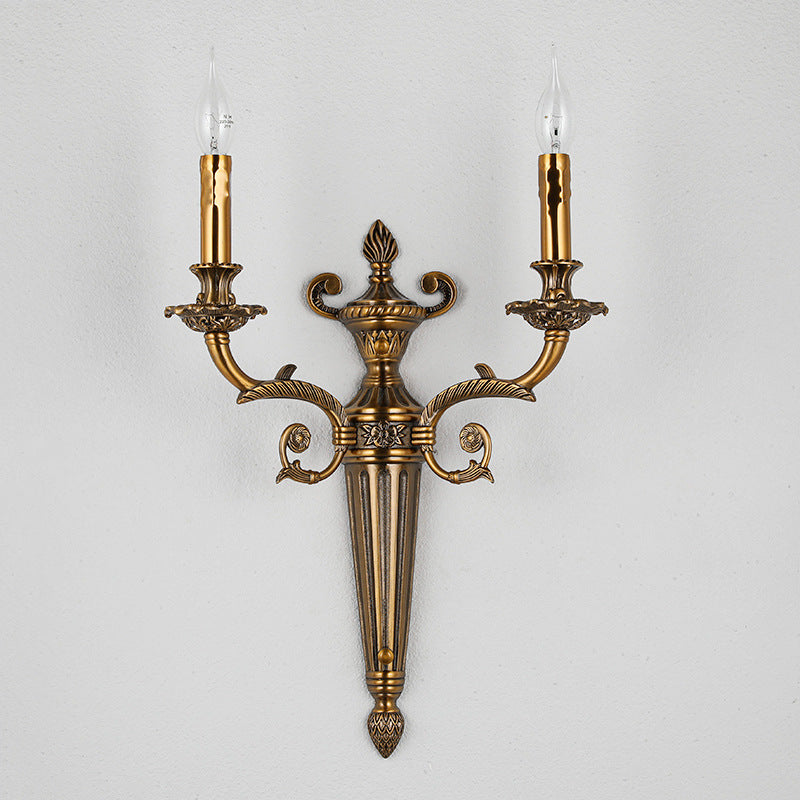 European Vintage Carved Candle Holder Long Arm 2-Light Wall Sconce Lamp