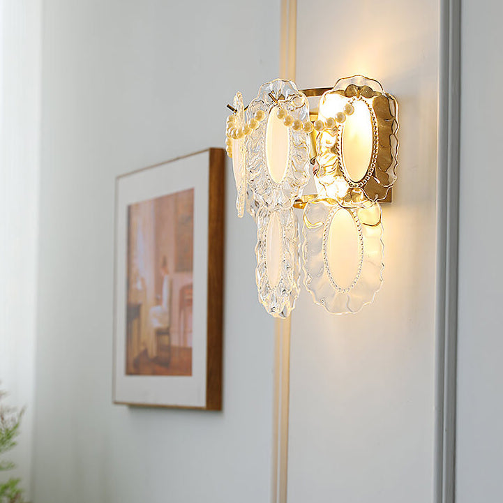 Contemporary Luxury Gold Finish Frame Pearl Water Grain Glass Sheet 2-Light Wall Sconce Lamp For Living Room