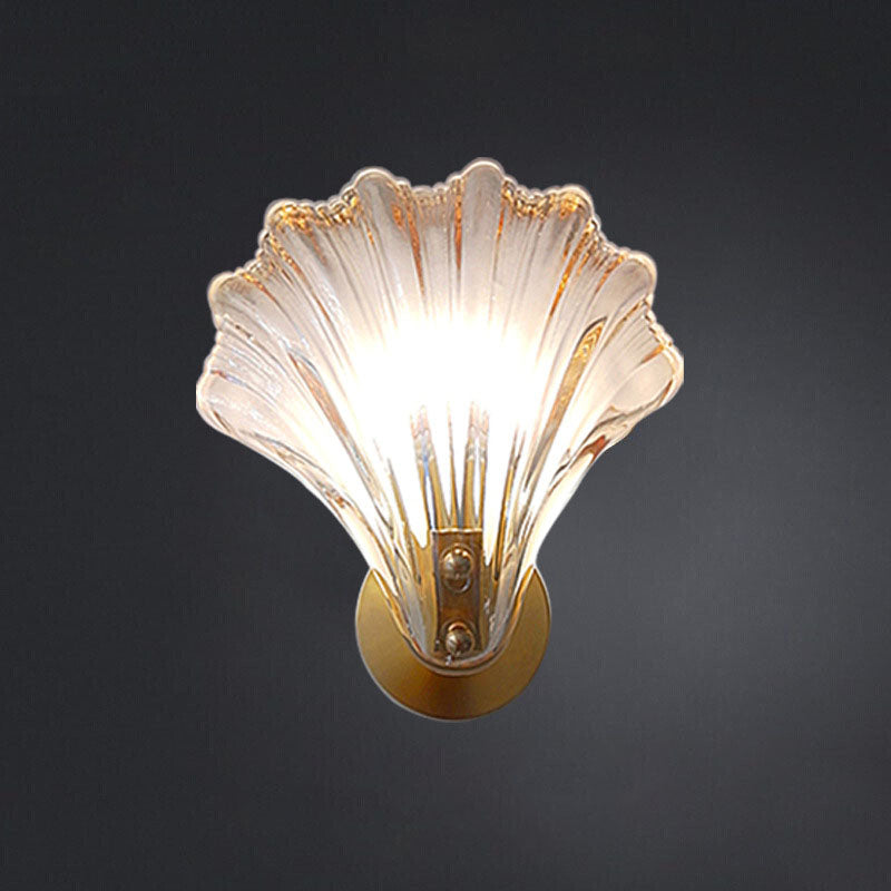 Modern Art Deco Scalloped Shell Amber Glass Shade Brass Frame 1-Light Wall Sconce Lamp For Bedroom