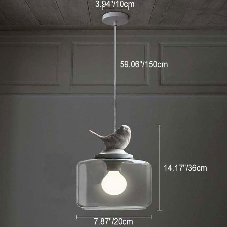 Contemporary Scandinavian Cylinder Bird Iron Glass 1-Light Pendant Light For Living Room