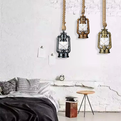 Traditional Rustic Kerosene Lantern Iron Glass 1-Light Pendant Light For Living Room