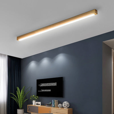 Modern Minimalist Wood Acrylic Long Strip LED Flush Mount Ceiling Light For Living Room