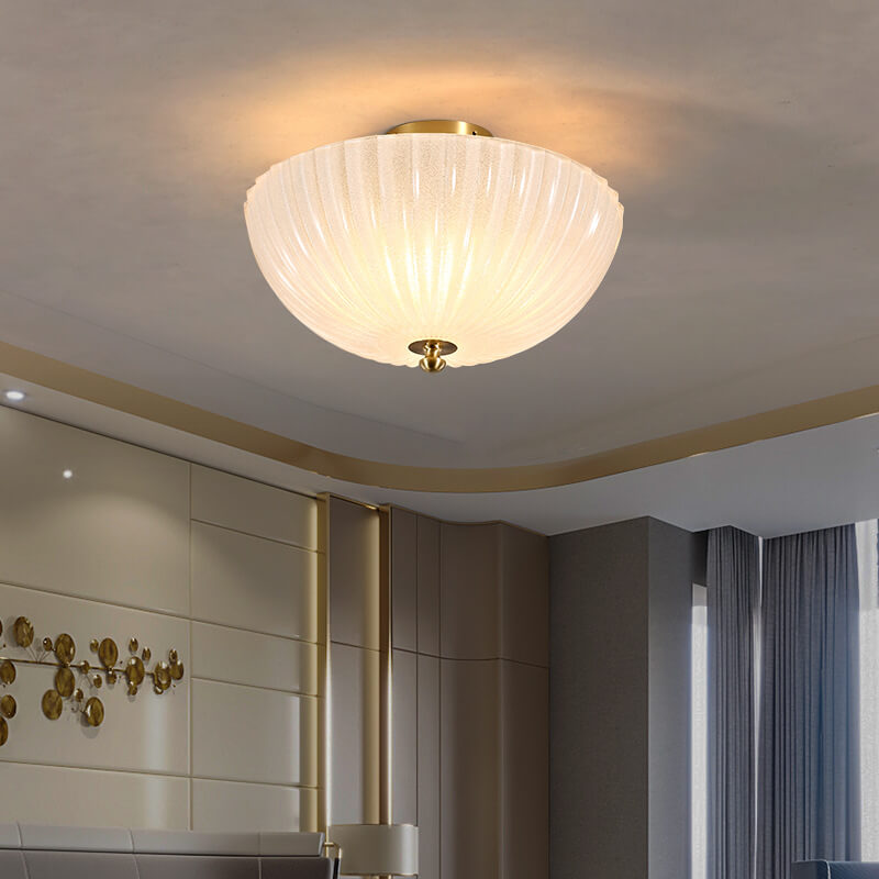 Modern Light Luxury Glass Shell Round Copper 3-Light Semi-Flush Mount Ceiling Light