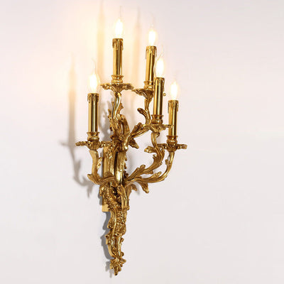 French Vintage Brass Candle Carved 5-Light Wall Sconce Lamp