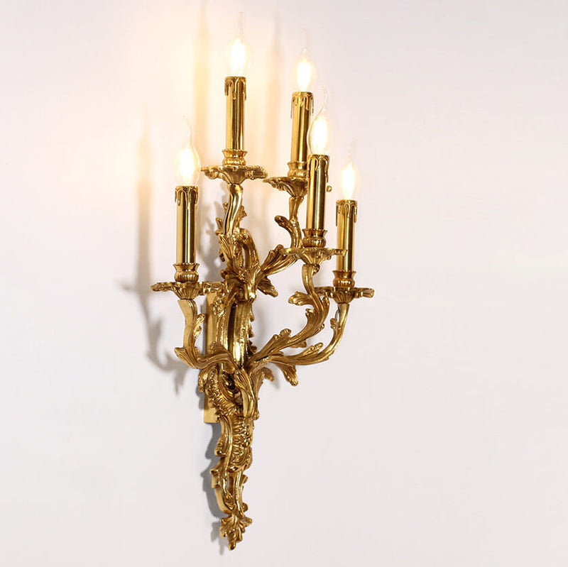 French Vintage Brass Candle Carved 5-Light Wall Sconce Lamp