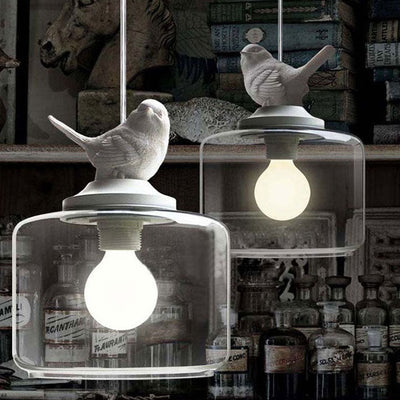 Contemporary Scandinavian Cylinder Bird Iron Glass 1-Light Pendant Light For Living Room