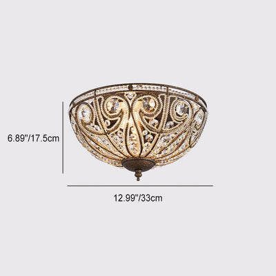 Traditional Vintage Half Circle Iron Crystal 3-Light Flush Mount Ceiling Light For Bedroom