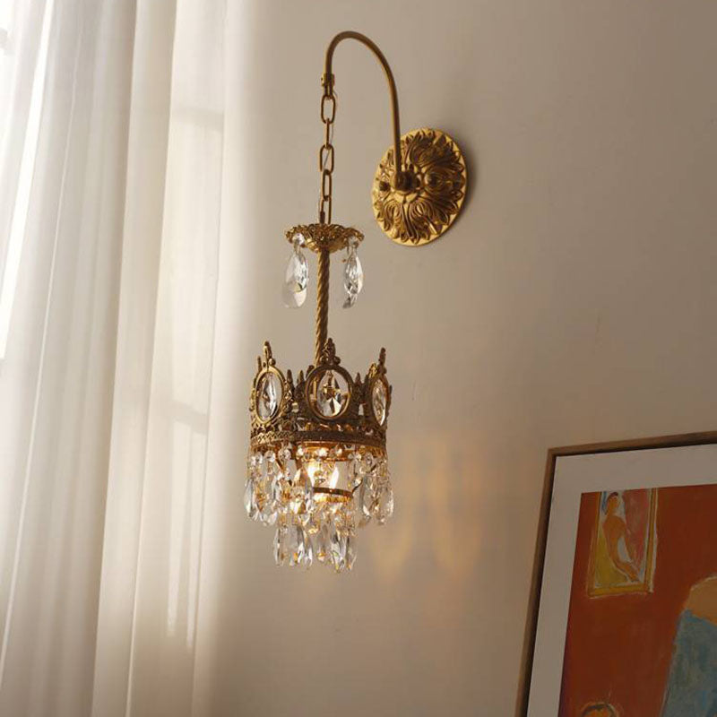 Traditional French Bent Crown Copper Crystal 1-Light Wall Sconce Lamp For Bedroom