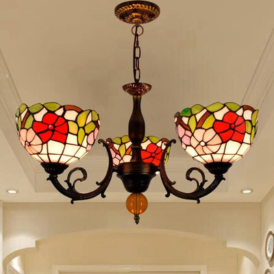 Tiffany Rustikaler Blumen-Kronleuchter aus Buntglas mit 3 Leuchten 