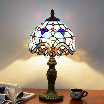 European Style Tiffany Blue Baroque Stained Glass Round 1-Light Table Lamp