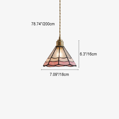 Japanese Vintage Pink Striped Cone Glass 1-Light Pendant Light