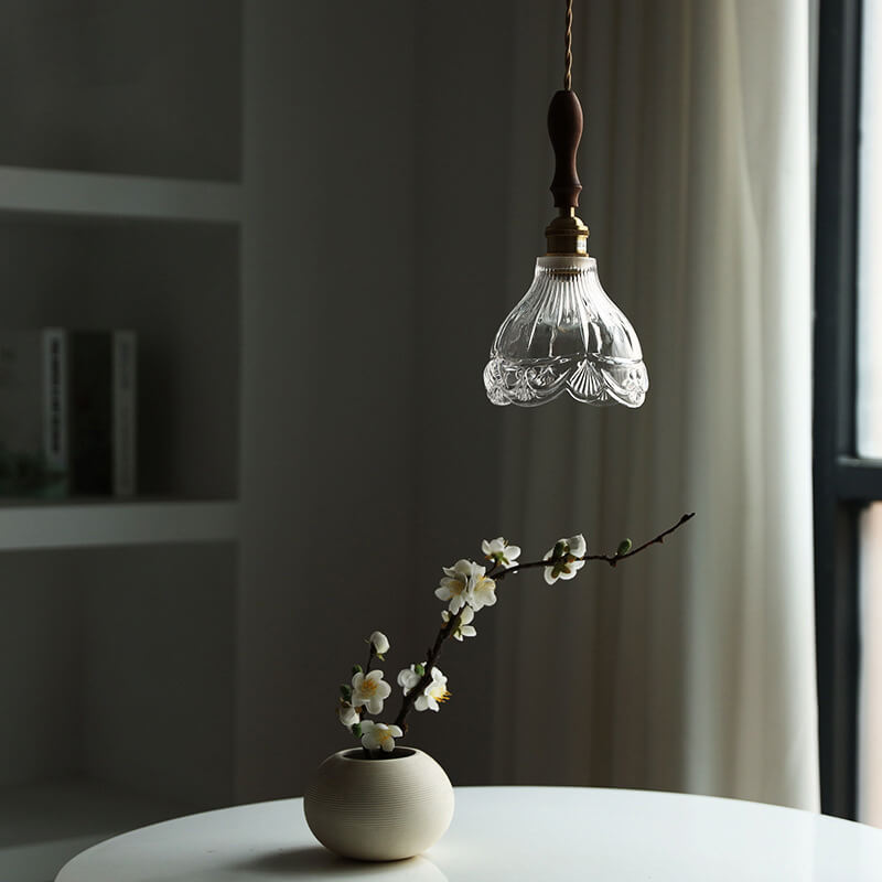 Japanese Patterned Glass Walnut 1-Light Pendant Light