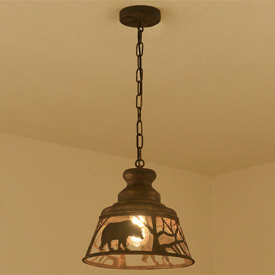 Traditional Vintage Round Trapezoidal Animal Iron 1-Light Pendant Light For Living Room