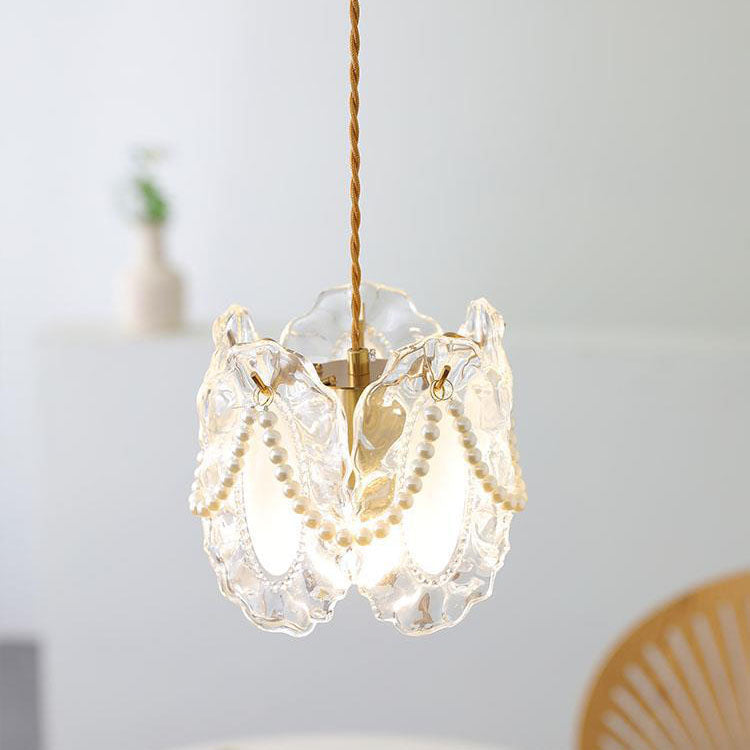 Modern Shabby Chic Pearl Decor Petal Crystal Shade 1-Light Pendant Light For Living Room