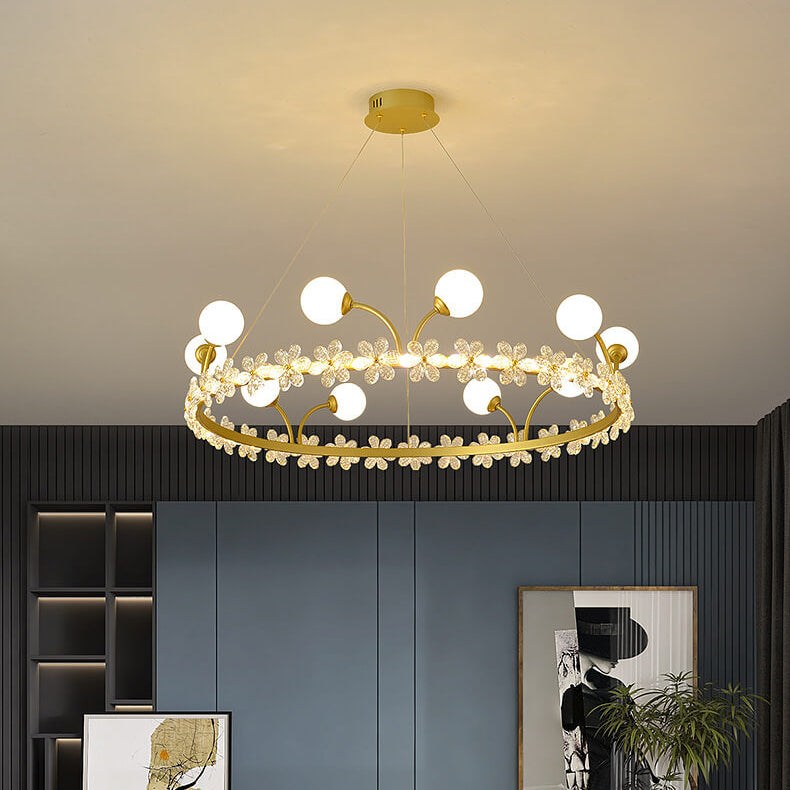 Modern Luxury Gold Finish Frame Crystal Flower Edging 6/8/10-Light Chandelier For Living Room