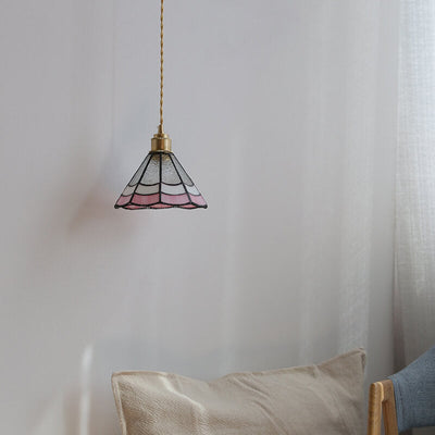 Japanese Vintage Pink Striped Cone Glass 1-Light Pendant Light