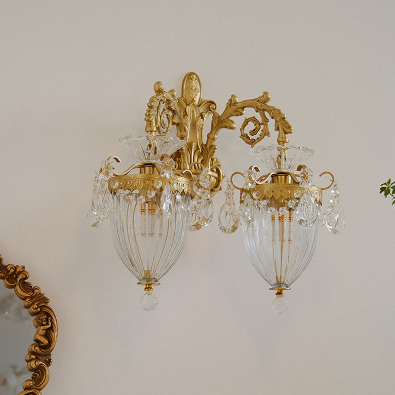 Traditional French Court Lantern Brass Crystal 1/2 Light Wall Sconce Lamp For Living Room