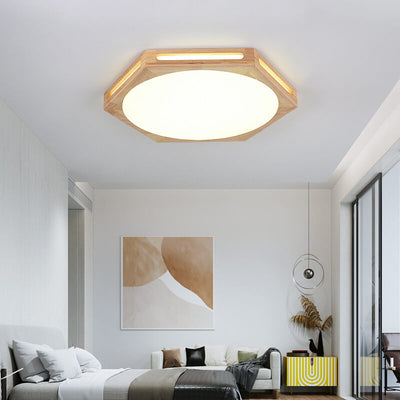 Nordic Minimalist Hexagonal Hollow Rubberwood Acrylic LED Flush Mount Ceiling Light