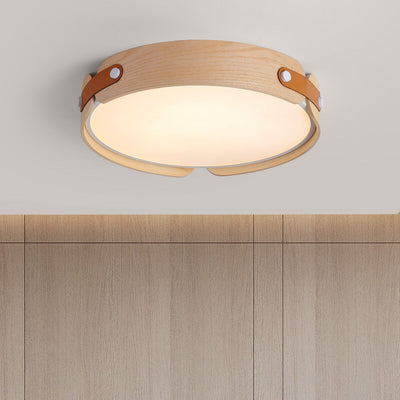 Modern Minimalist Solid Wood Round Leather Design LED Flush Mount Ceiling Light