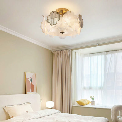 French Minimalist Floral Glass Round Hardware 5/8 Light Semi-Flush Mount Ceiling Light