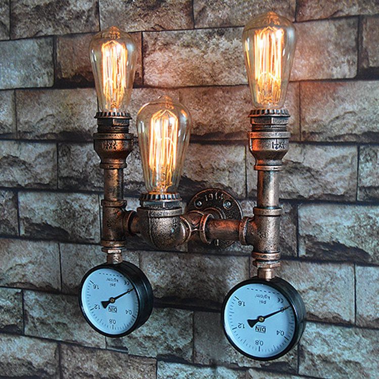 Vintage Industrial Iron Pipe Water Meter 3-Light Wall Sconce Lamp
