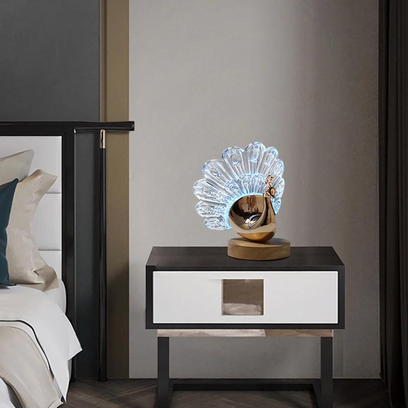 Contemporary Creative Hardware Acrylic Peacock Design LED Table Lamp For Bedroom