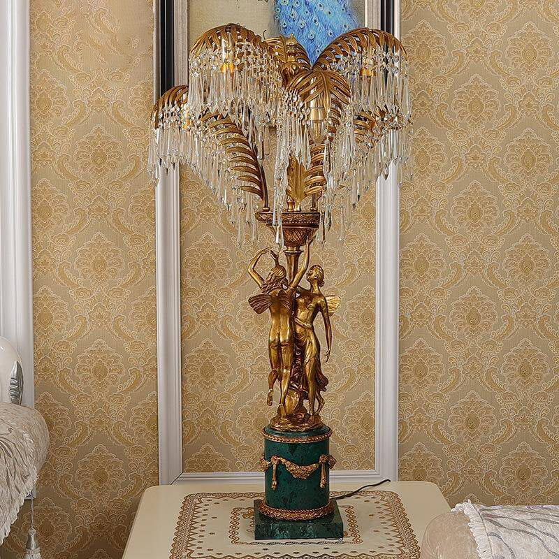 Französische Vintage Messing Kristall Baum Engel Design Luxus 6-Licht Tischlampe