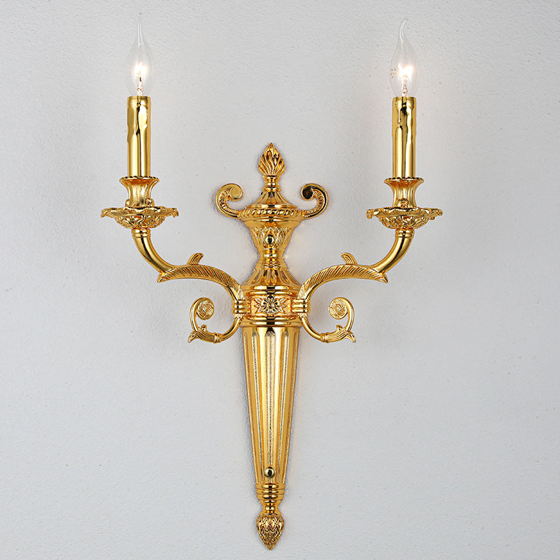 European Vintage Carved Candle Holder Long Arm 2-Light Wall Sconce Lamp