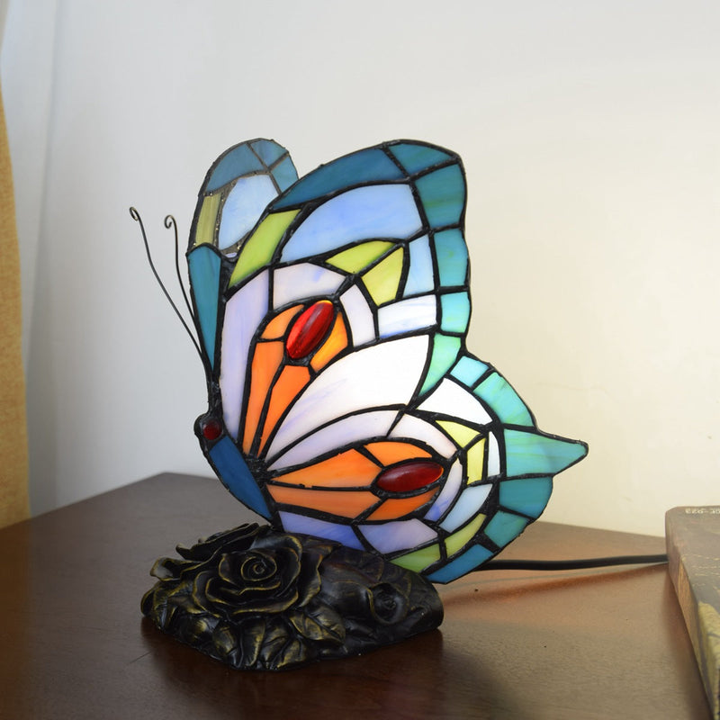 Europäische Vintage Tiffany Schmetterling Buntglas Eisen 1-Licht Tischlampe 