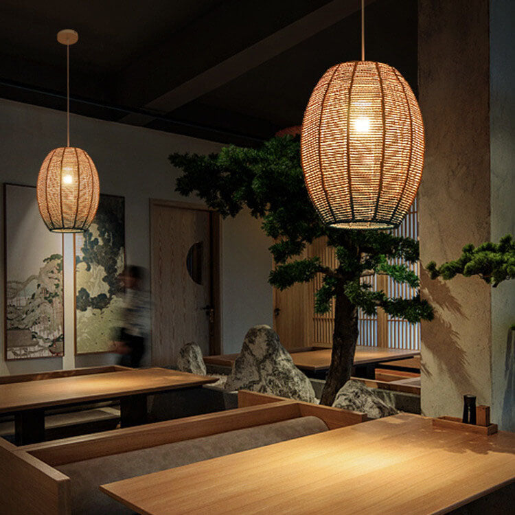Lampe suspendue à 1 lumière à géométrie ronde en corde de chanvre chinoise moderne