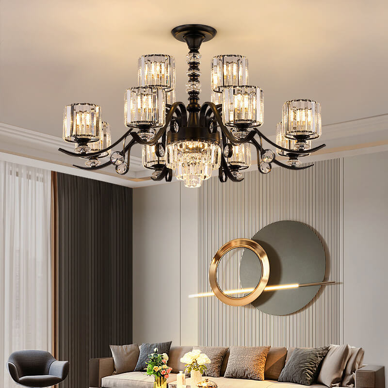 Modern Luxury Cylinder Iron Glass Crystal 6/8/10/12 Light Chandelier For Living Room